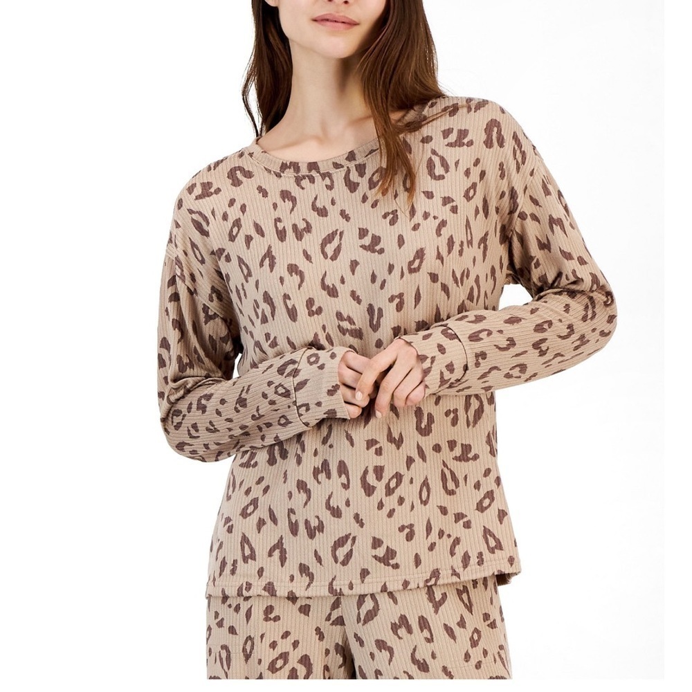 New-jenni 2Pc Brown Spacedye Leopard Print, Rib-Knit,Cozy, Super Soft Pajama Set